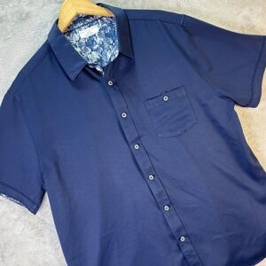 Age of Wisdom Men's Button Shirt Navy Blue Tropical Trim Short Sleeve Sz XL